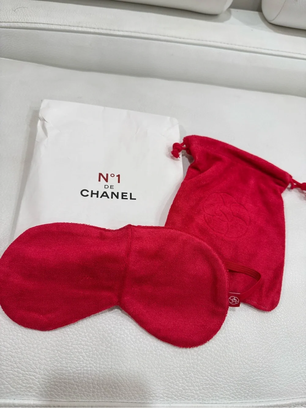 CHANEL Red Velvet Sleep Mask with Drawstring Pouch